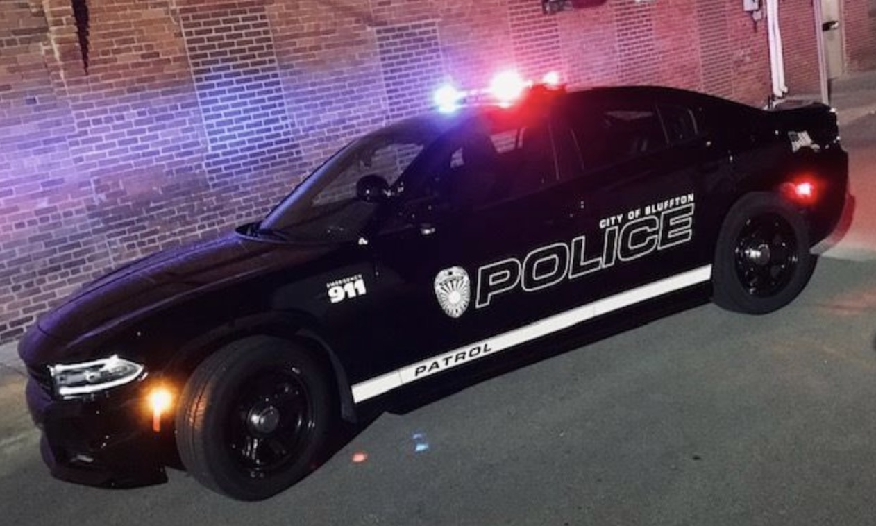 City of Bluffton Police patrol car with lights on — local law-enforcement agency served by Stylus Technologies