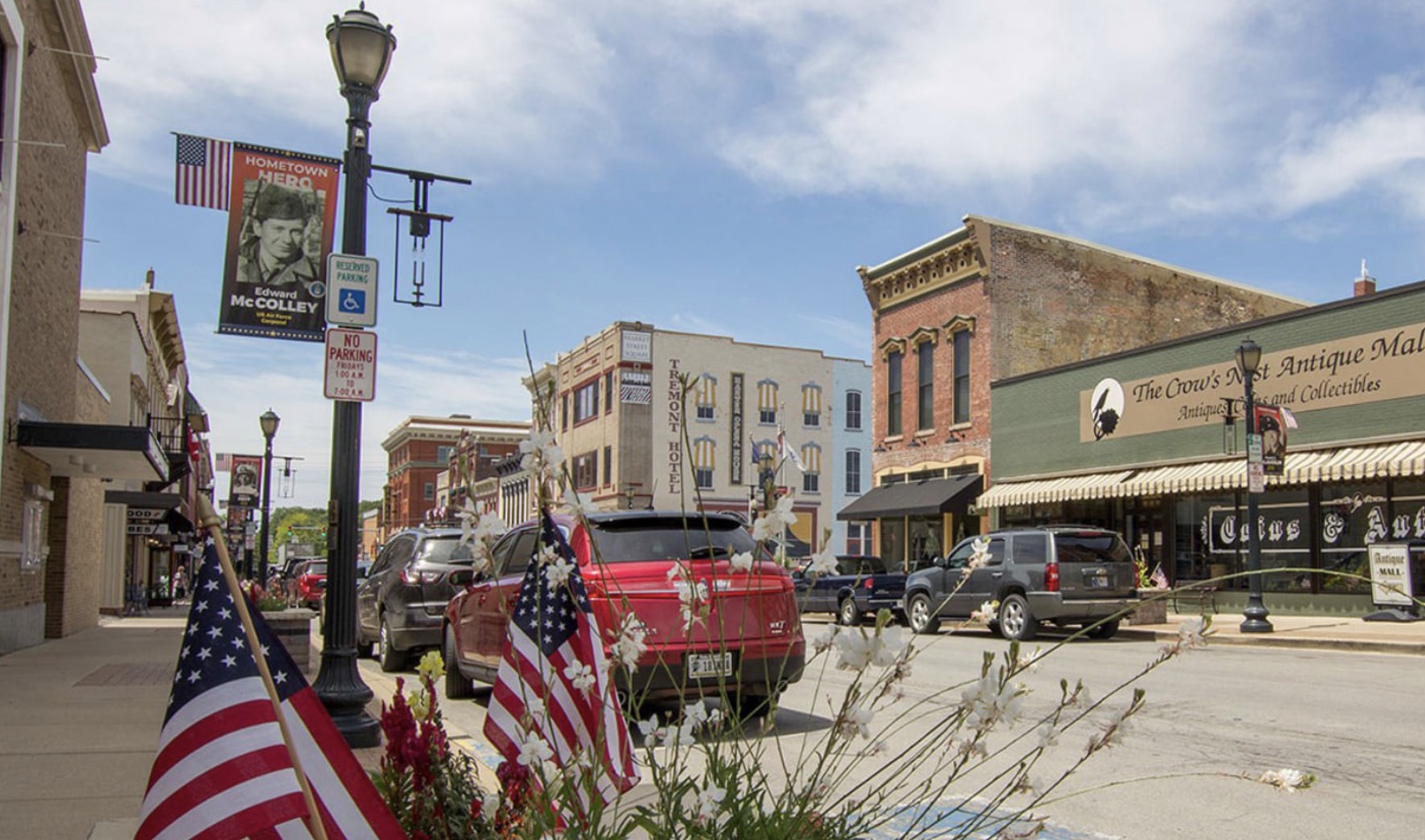 Small-town Indiana Main Street with local shops — the small businesses Stylus Technologies serves